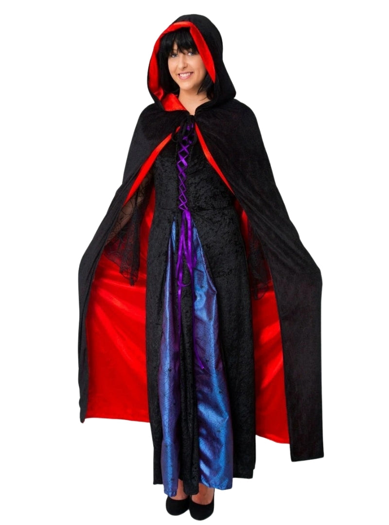 Reversible Black and Red Adults Hooded Satin Costume Cape - Main Image