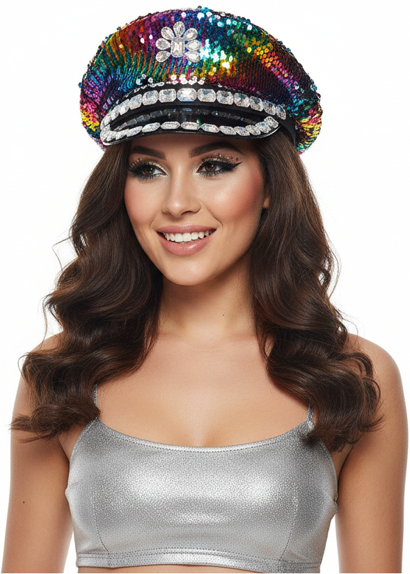 Reversible Rainbow Sequinned Mardi Gras Costume Hat - Main Image