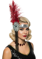 Tall Deep Red Feather and Beads Flapper Headband Headpiece - Main Image