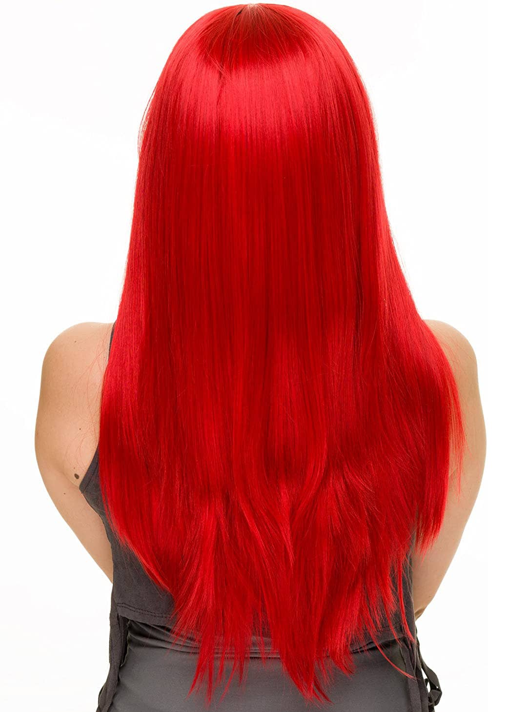Bright Red Women's Deluxe Heat Resistant Straight Wig with Bangs Back Image