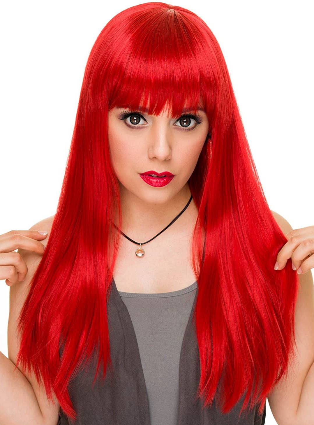 Bright Red Women's Deluxe Heat Resistant Straight Wig with Bangs Front Image