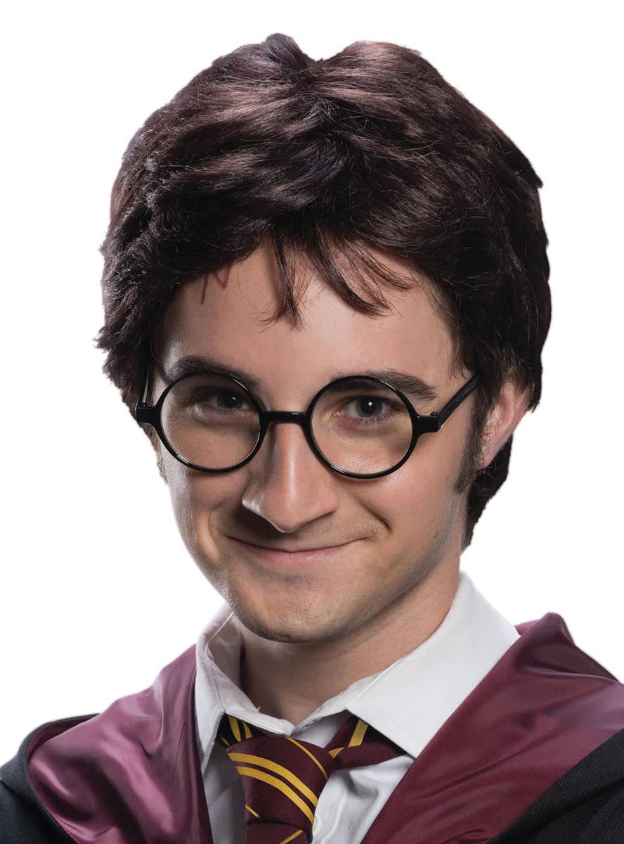 Short Brown Harry Potter Men's Costume Wig with Fake Scar Tattoo