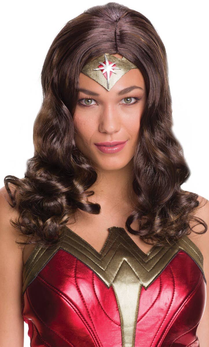 Image of Wonder Woman Long Curly Brown Costume Wig