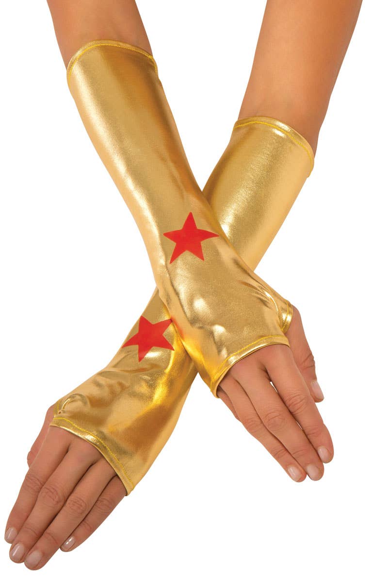 Wonder woman metallic gold superhero fancy dress costume gauntlets 