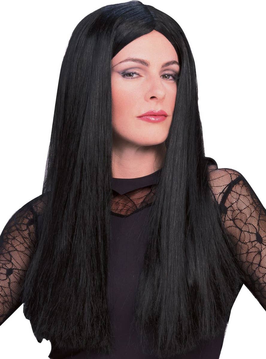 Image of Morticia Womens Long Black Halloween Wig