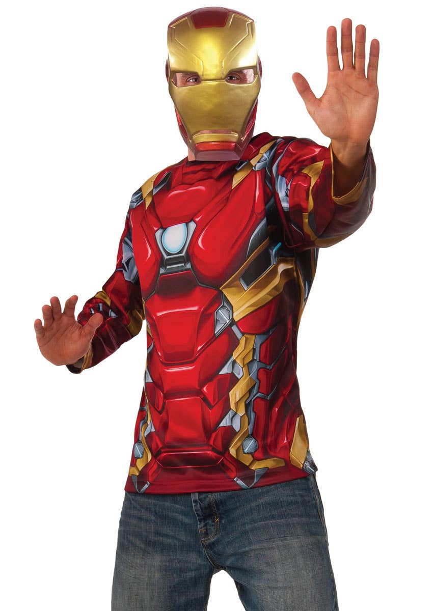 Iron Man Men's Superhero Costume Shirt and Mask Set