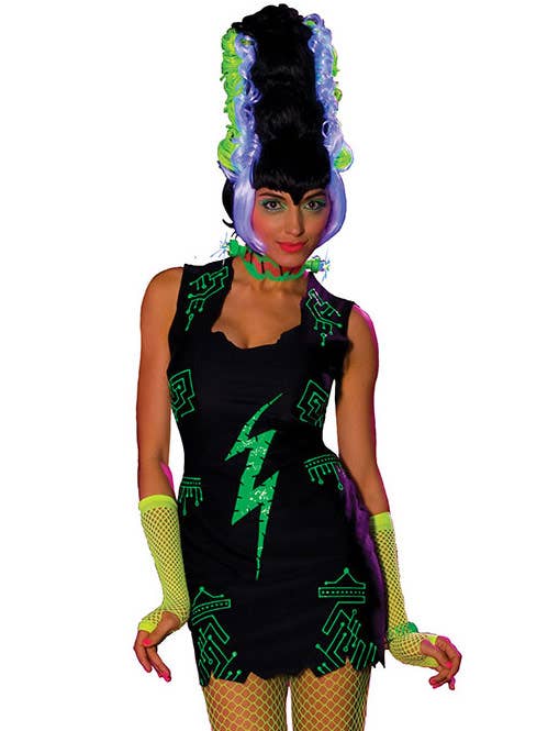 Short Black Lycra Frankenstein's Bride Women's Halloween Costume Dress with Neon Green Print Details - Alternative Image