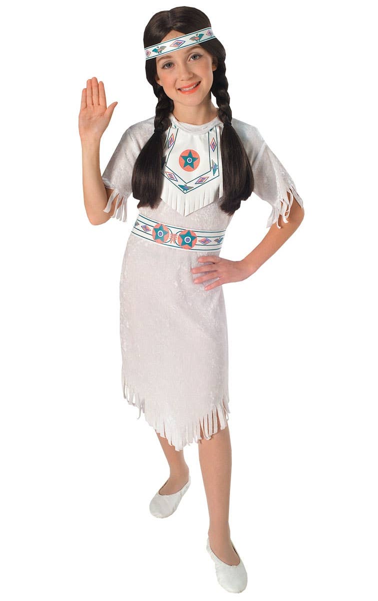White Velvet American Indian Princess Girls Fancy Dress Costume