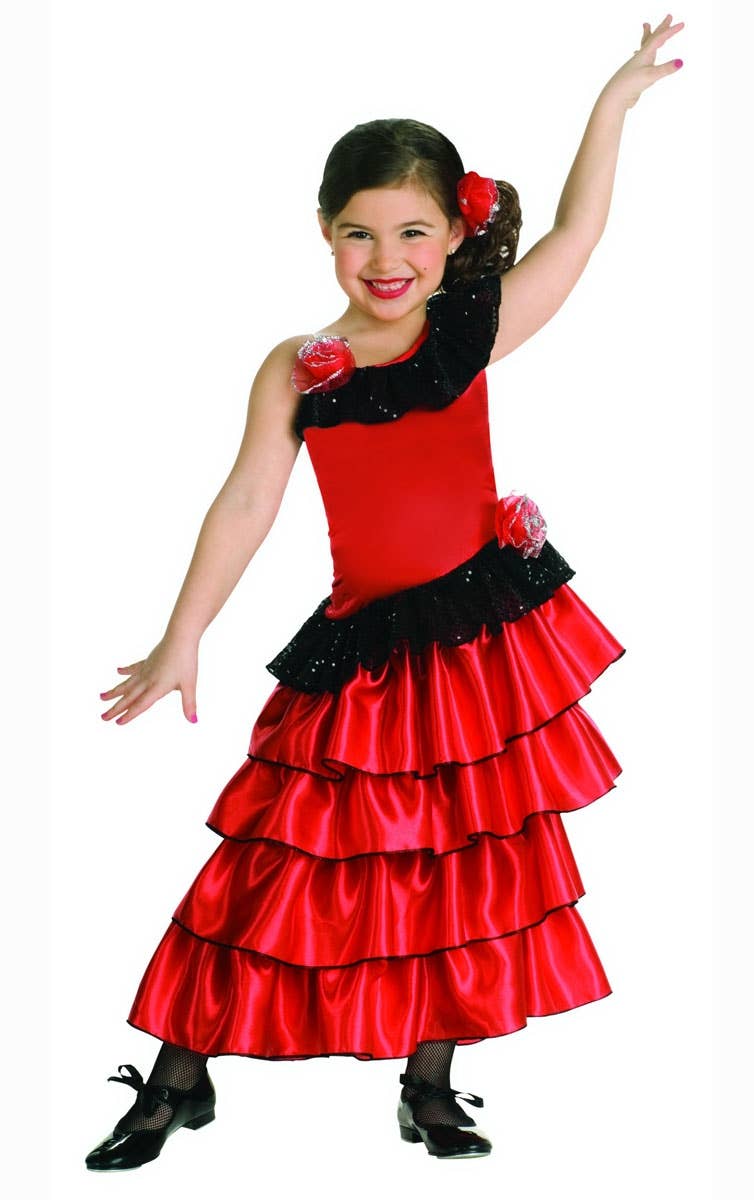 Red Ruffled Spanish Girl's Flamenco Dancer Costume 