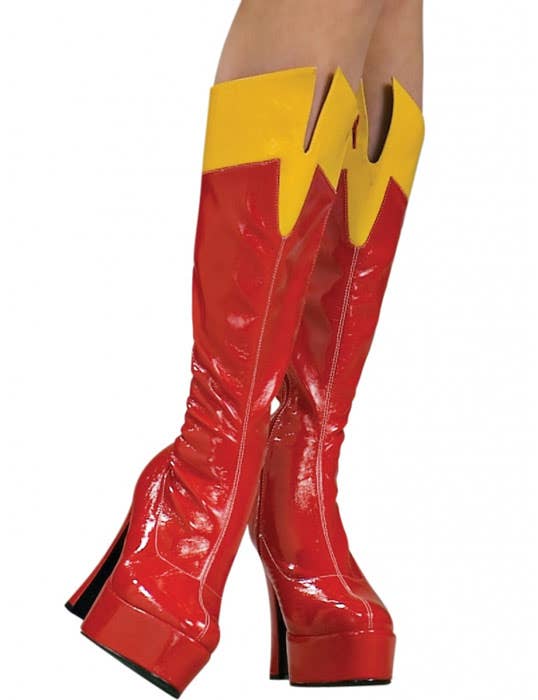Red and Yellow Vinyl Knee High Women's Supergirl Costume Boots