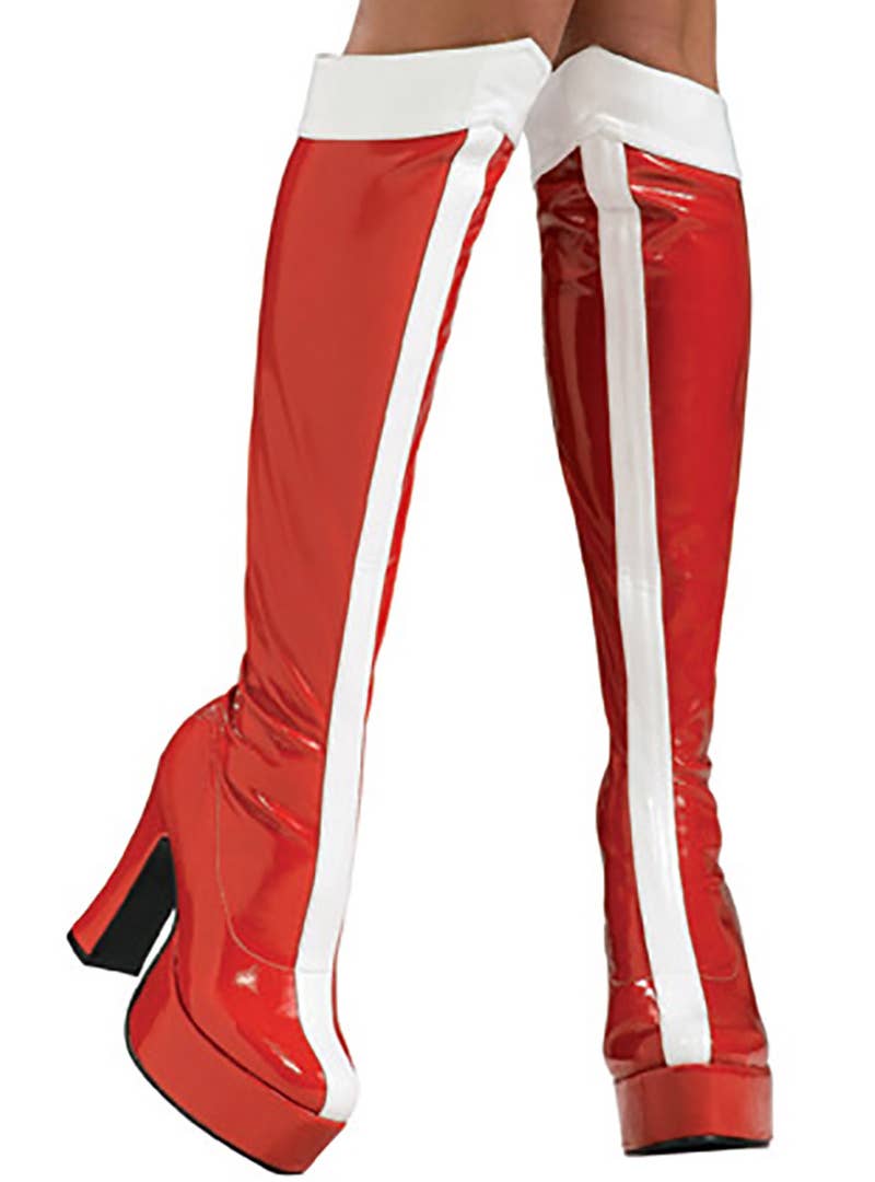 Synthetic Red and White Vinyl Knee High Wonder Woman Platform Boots - Main View