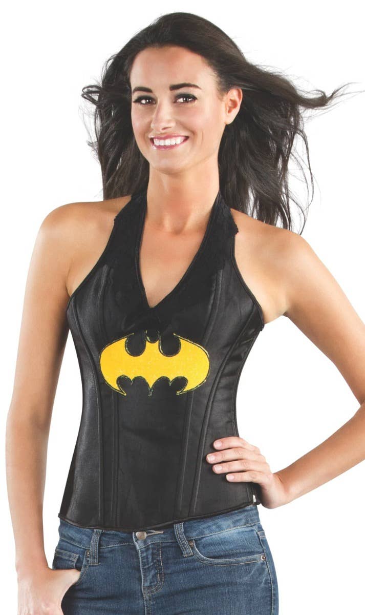 Sexy Superhero Black Satin Batgirl Costume Corset For Women Close Up Image