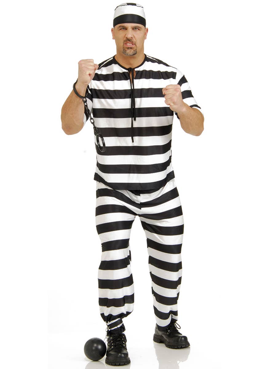 Men's Black and White Striped Prisoner Costume Main Image