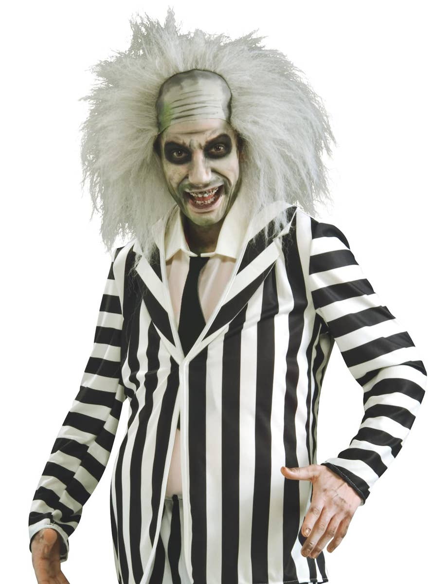 Men's Beetlejuice Iconic Black and White Suite 80s Movie Halloween Costume Close Up Image