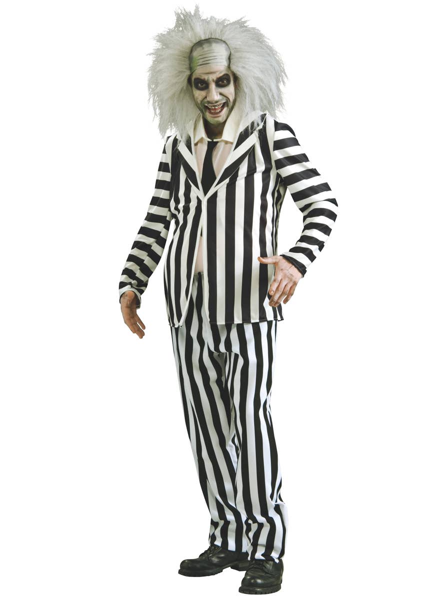 Men's Beetlejuice Iconic Black and White Suite 80s Movie Halloween Costume Mian Image