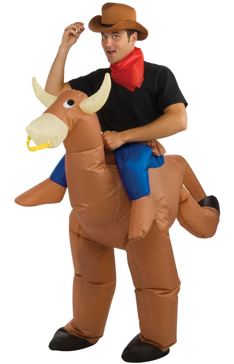 Inflatable Ride On Bull Rider Costume | Mens Funny Cowboy Dress Up