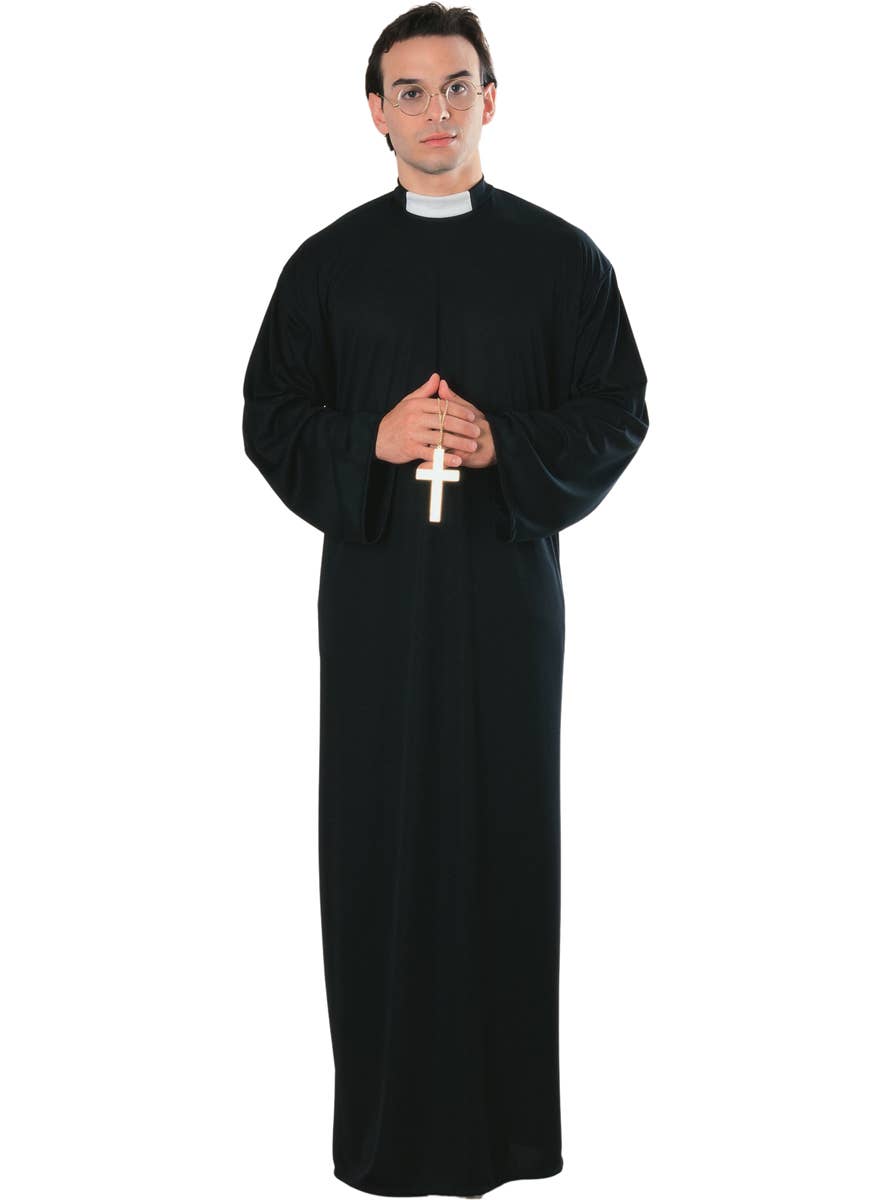 Long Black Priest Robe Men's Fancy Dress Costume Main Image
