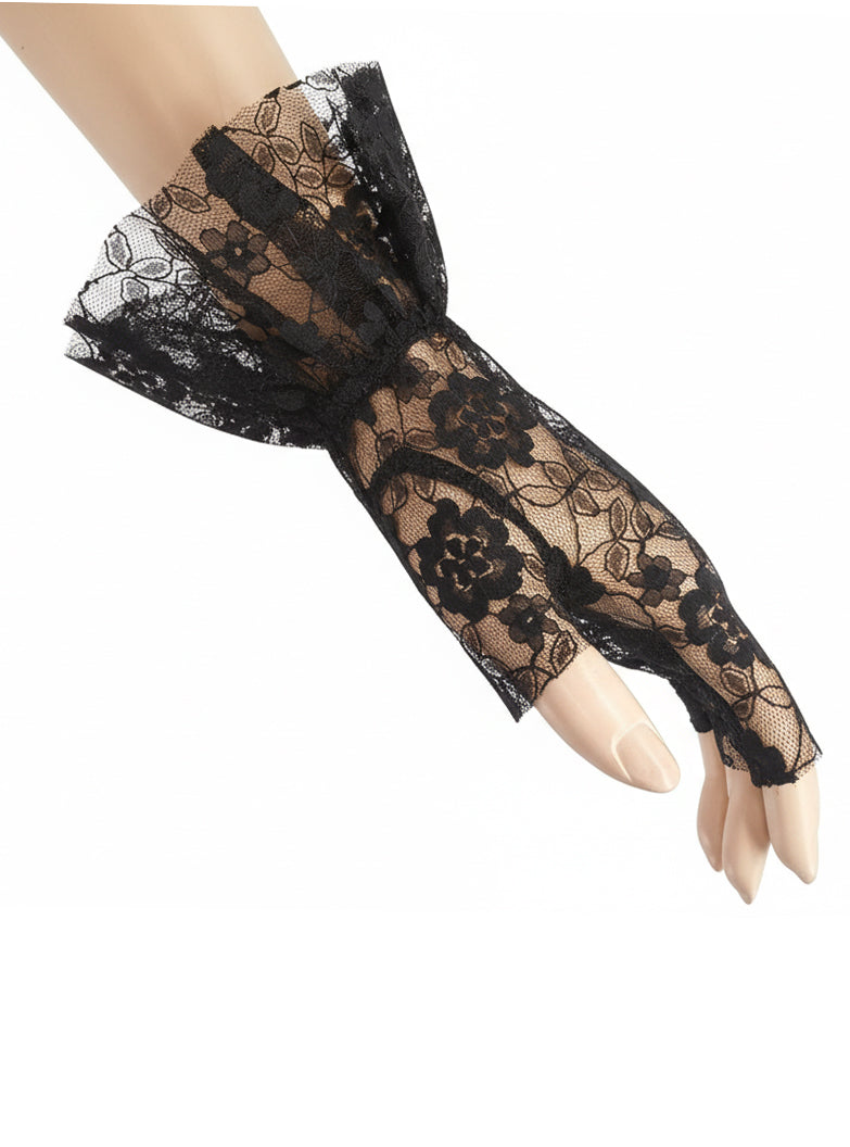 Ruffled Lace Womens 1980s Black Costume Gloves - Main Image