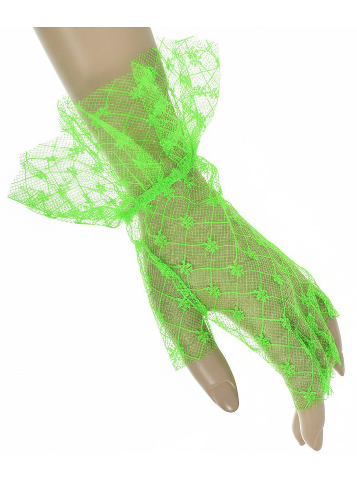 Ruffled Lace Womens 1980s Neon Green Costume Gloves - Main Image