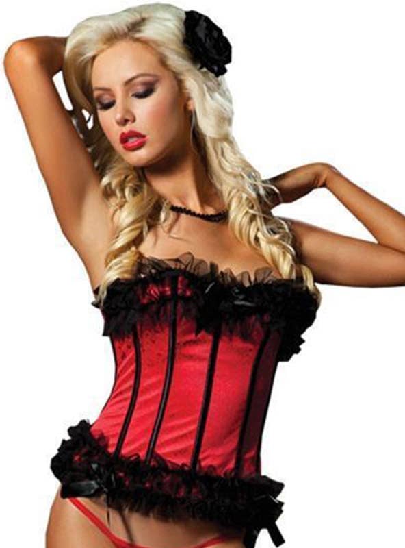 Image of Ruffled Mesh Sexy Black And Red Burlesque Corset