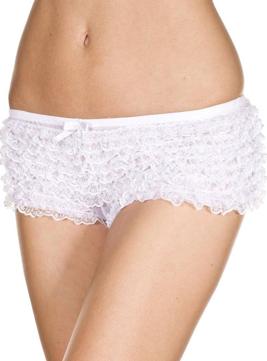 Image of Ruffled White Lace Womens Costume Shorts