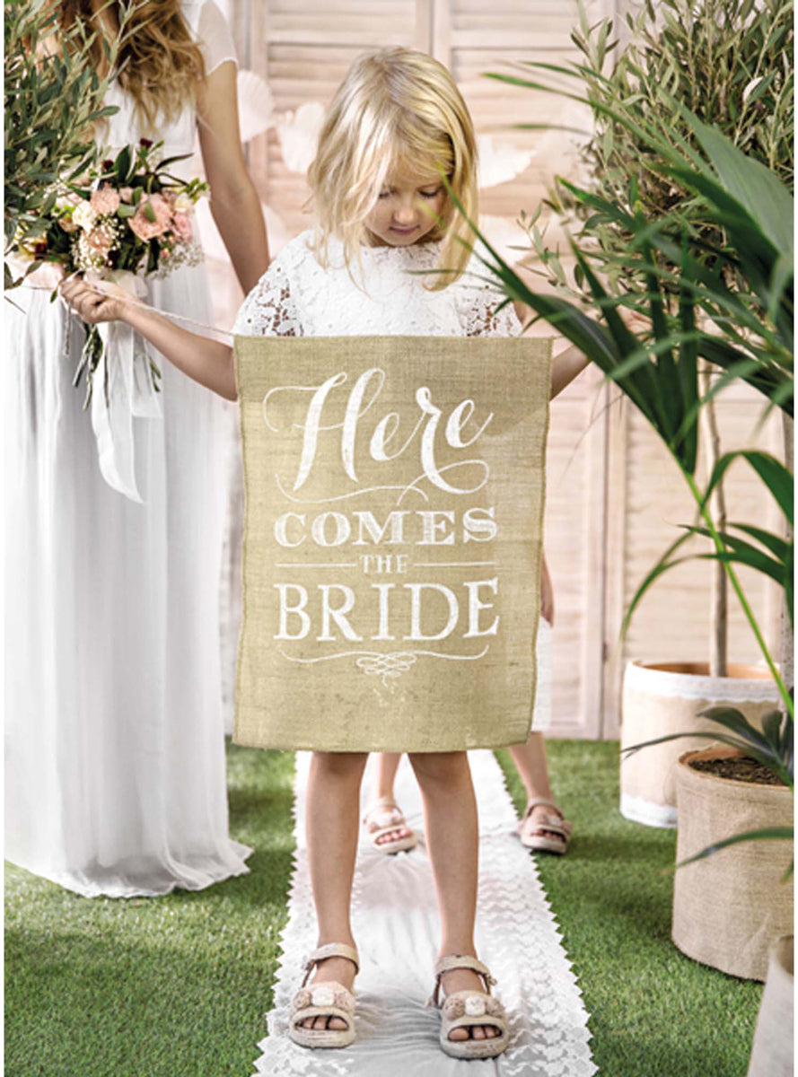 Rustic Wedding Burlap Here Comes the Bride Aisle Sign - Lifestyle Image