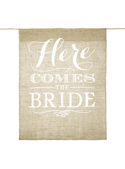 Rustic Wedding Burlap Here Comes the Bride Aisle Sign - Main Image