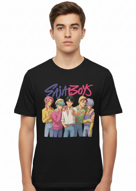 Teens Black T-Shirt with Saja Boys Group KPop Print Main Image