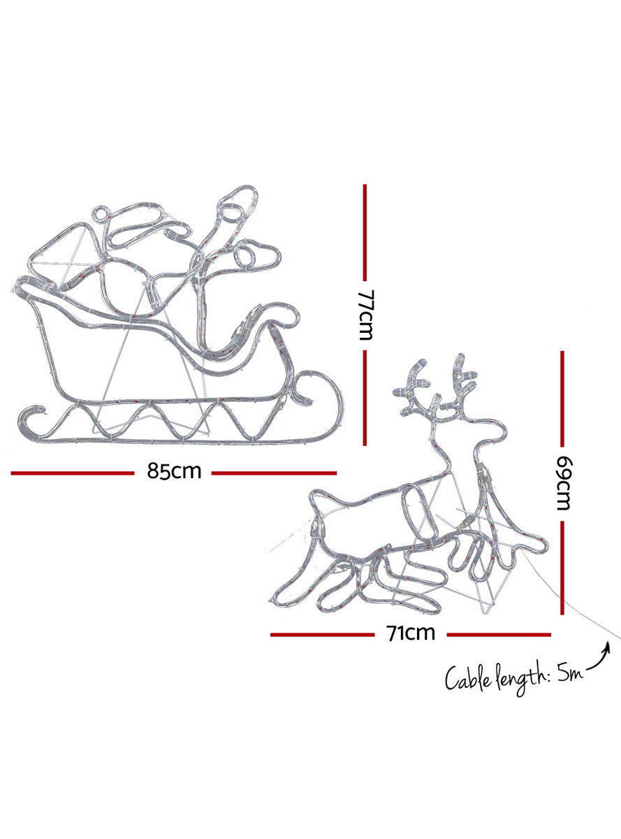 Santa and Reindeer with Sleigh Christmas Rope Light Decoration - Dimensions Image