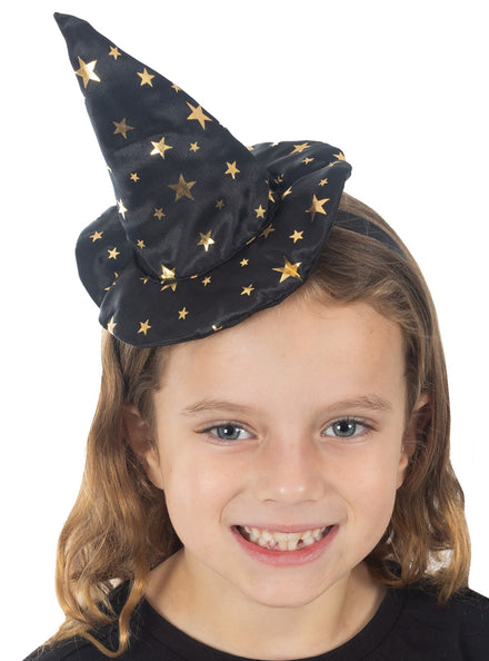 Satin Black and Gold Star Mini Witch Costume Hat Headband - Main Image