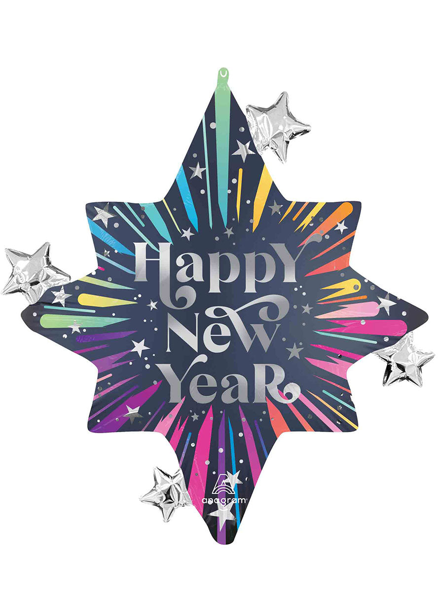 Satin New Years Blast Happy New Year Colourful Supershape Foil Balloon - Main Image