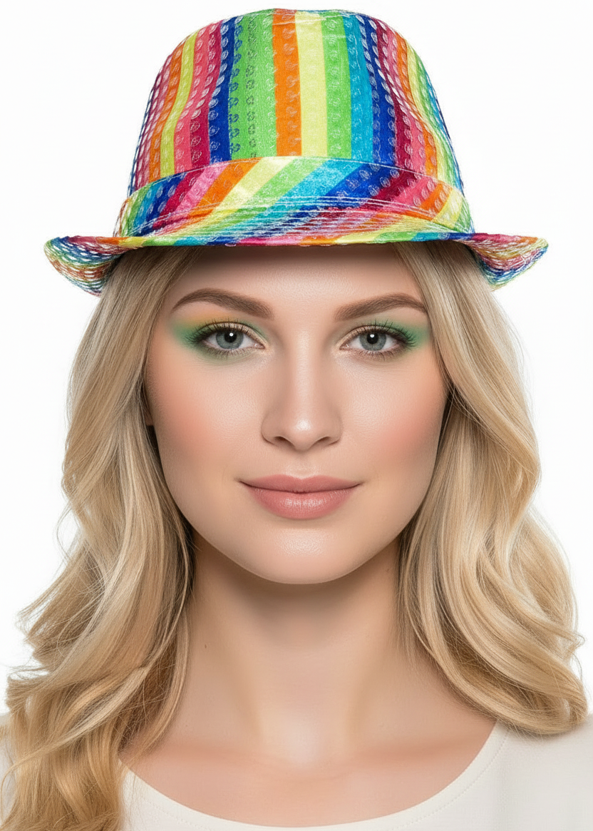 Adult's Satin Sequined Rainbow Fedora Costume Accessory Hat- Main Image