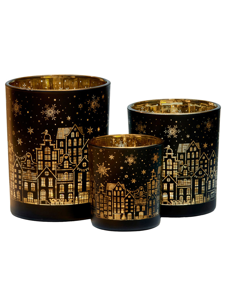 Set of 3 Black and Gold Christmas Village Print Candle Holders