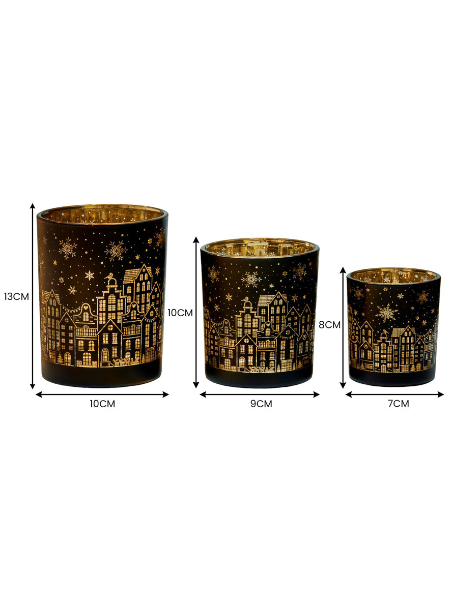 Set of 3 Black and Gold Christmas Village Print Candle Holders - Dimensions Image