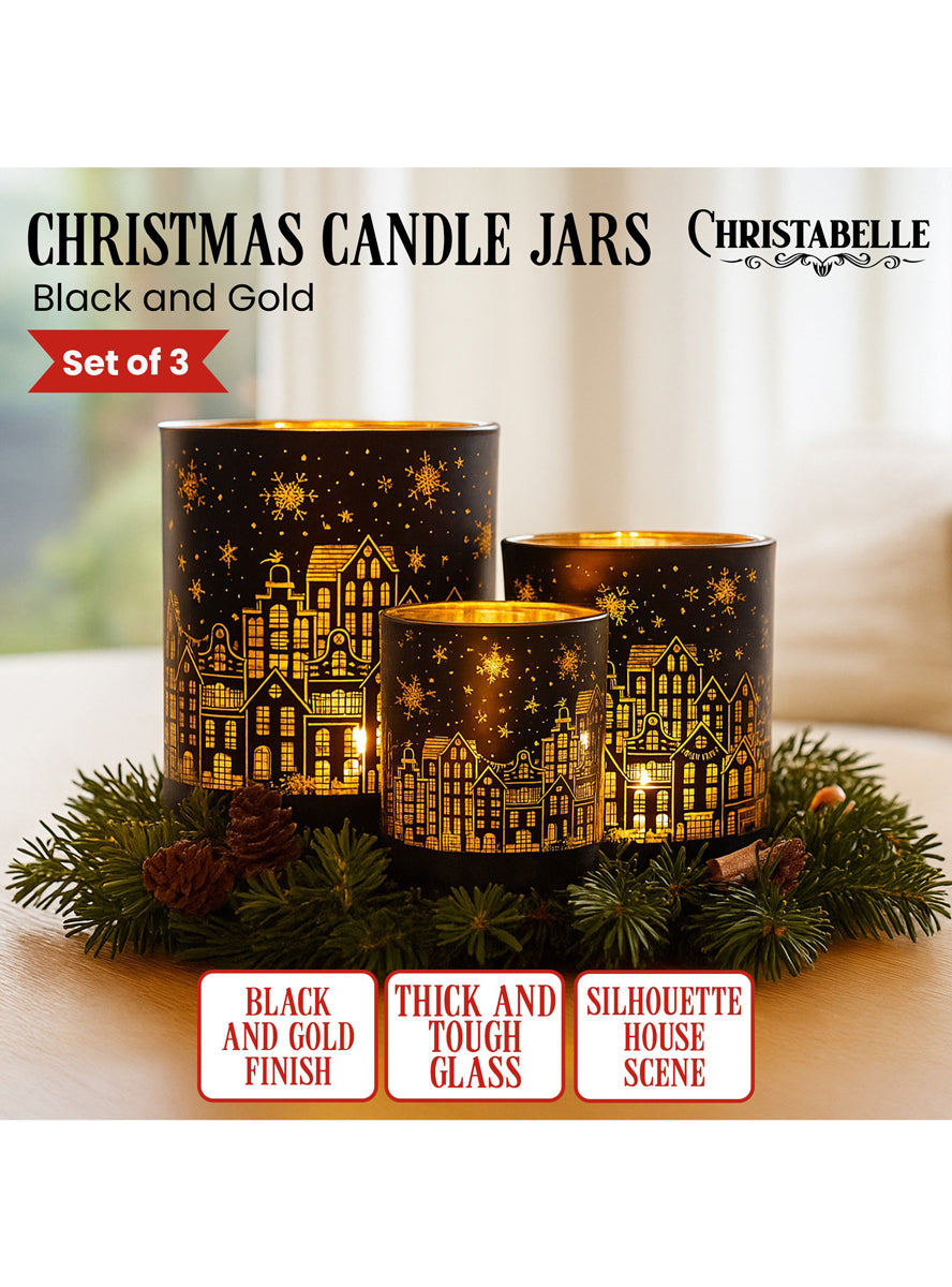 Set of 3 Black and Gold Christmas Village Print Candle Holders - Info Image 1