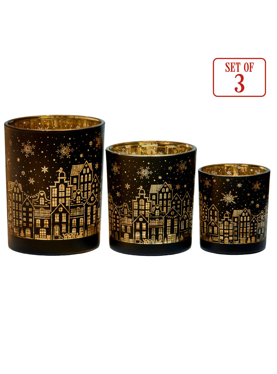 Set of 3 Black and Gold Christmas Village Print Candle Holders - Info Image 2