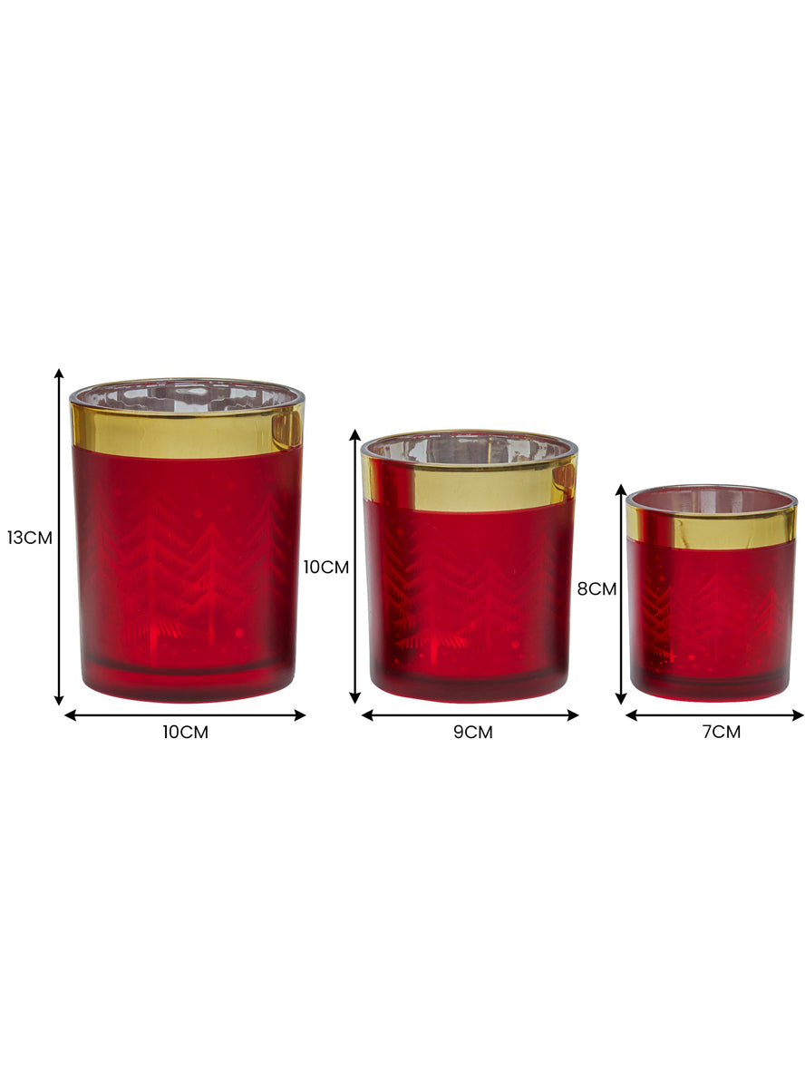 Set of 3 Red and Gold Christmas Tree Print Candle Holders - Dimensions Image 1