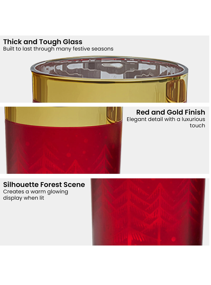 Set of 3 Red and Gold Christmas Tree Print Candle Holders - Information Image 2