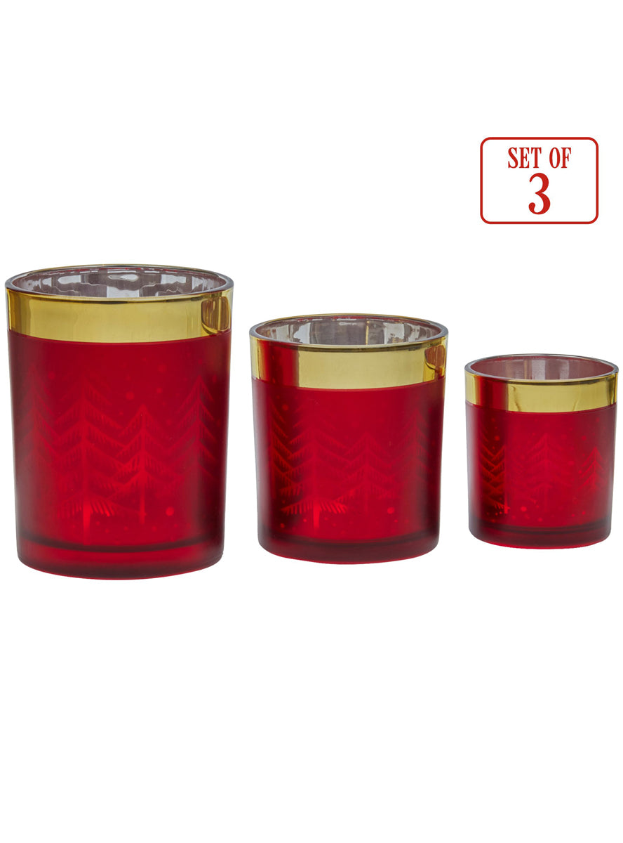 Set of 3 Red and Gold Christmas Tree Print Candle Holders - Information Image 3