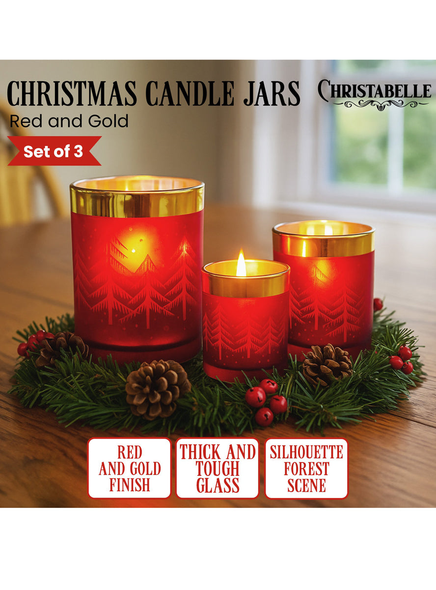 Set of 3 Red and Gold Christmas Tree Print Candle Holders - Information Image