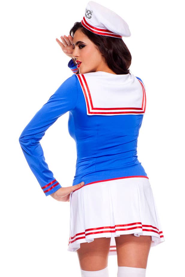 Sexy Blue And White Women's Sexy Sailor Anchors Away Fancy Dress Costume With Red Details - Back View