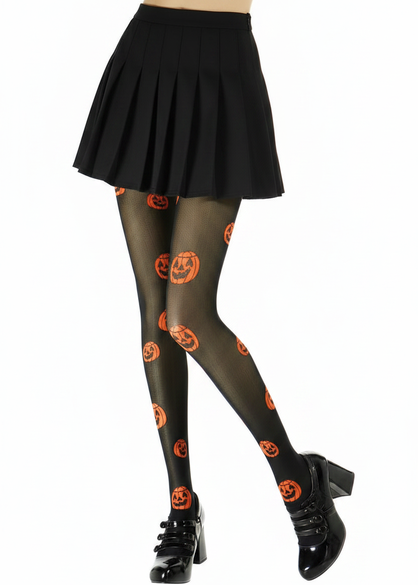 Womens Sheer Black Full Length Pumpkin Halloween Stockings - Main Image