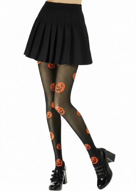 Womens Sheer Black Full Length Pumpkin Halloween Stockings - Main Image