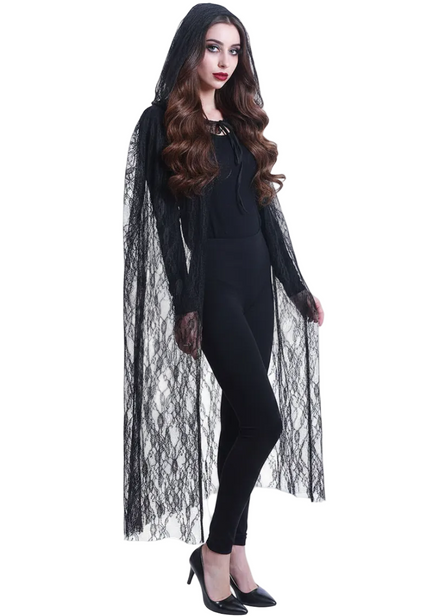Sheer Black Floral Lace Halloween Costume Cape - Main Image