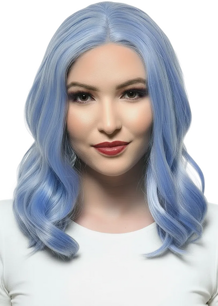 Womens Shoulder Length Dusty Blue Wavy Synthetic Fashion Wig with T-Part Lace Front - Main IMage