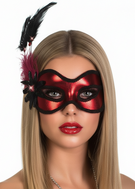 Womens Metallic Red Vinyl Masquerade Mask with Black Trim Edges and Side Feathers - Main Image
