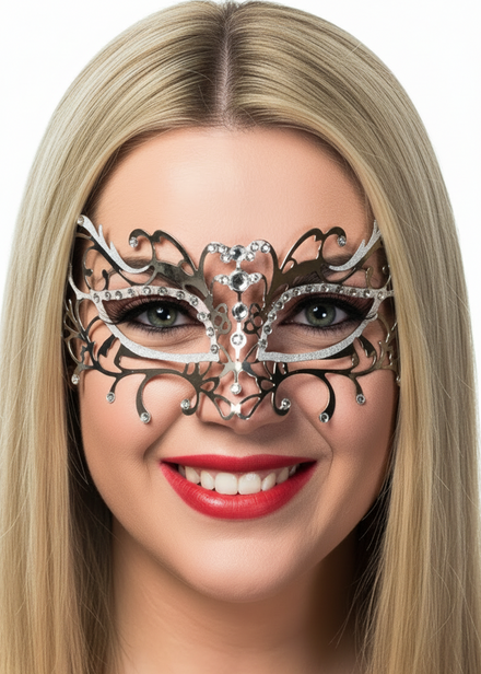 Women's Antique Style Silver Metal Masquerade Mask with White Glitter - Main Image