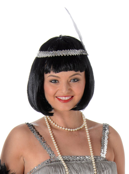1920s Silver Flapper Headband with Silver Feather