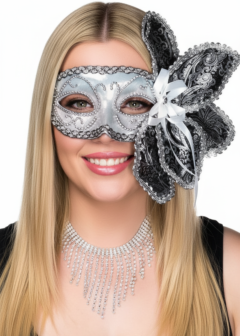 Womens Silver Foil and Brocade Masquerade Mask - Main Image