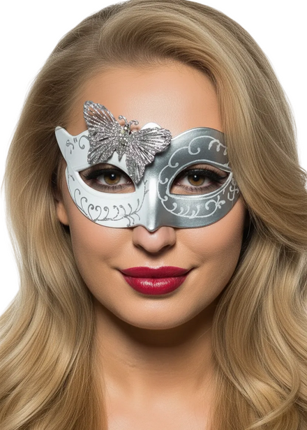 Silver And White Glitter Womens Butterfly Masquerade Ball Mask - Main Image